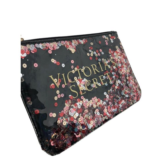 Victoria's Secret Black Pink Sequin Bling Clutch Make Up Bag Cosmetic‎ Bling Zip - Picture 2 of 4